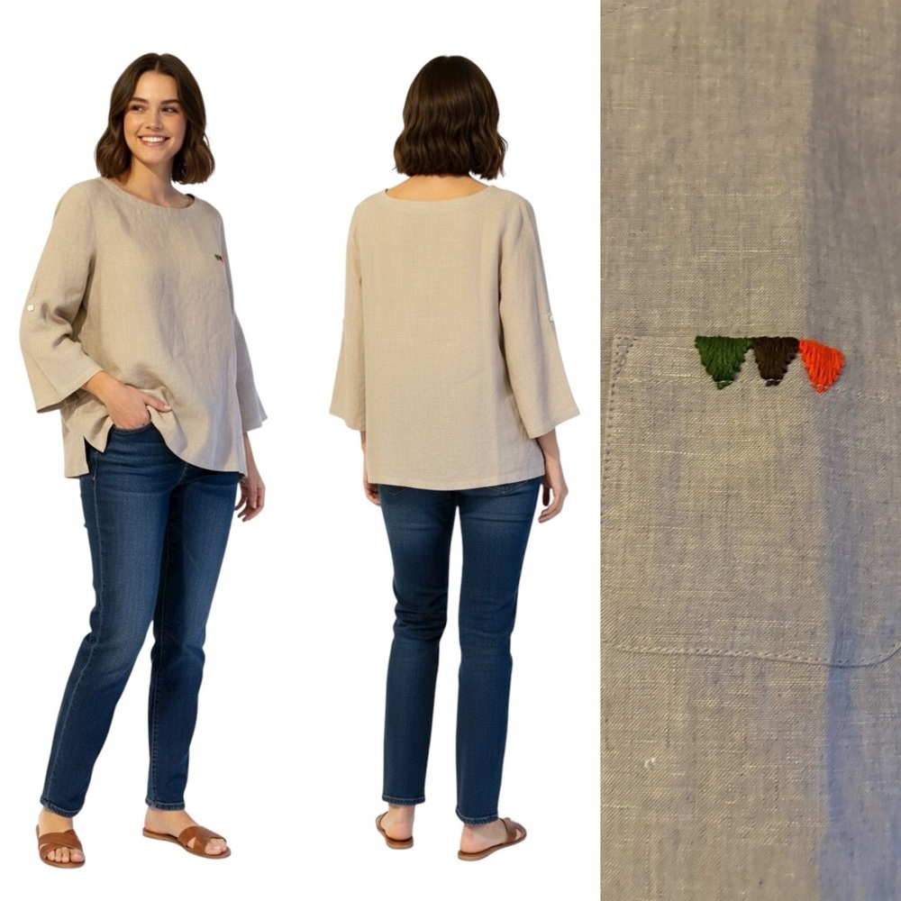 Vivid 100% Linen Cropped Sleeve Tunic Top Embroidered Pocket M NWT